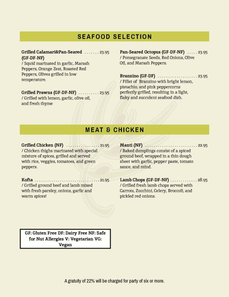 Seafood and meat menu with prices.