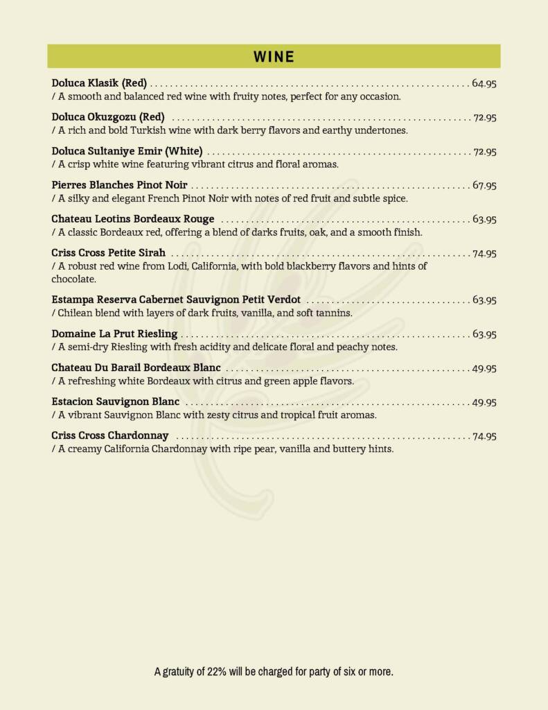 Wine list with prices and descriptions.